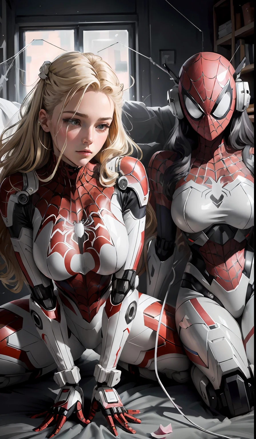 Large wide angle，Full body photo，16 year old spider girl，gwyn，2 women，2 Female Spider-Man，Wenger Spider-Man costume outfit，（(White pink clothing))，Mecha modified clothing，Two female versions of gorgeous Spider-Man，Lie down，Sleep and rest，White slim tights，The Spider-Man logo on the chest，cabellos largos dorados，Cobweb-wrapped，adolable,Beautiful woman detailed spider silhouette body with Spider-Man roleplay，very Bigger breasts,Rest and sleep in a high-class gorgeous bed，dynamicposes，Dynamic shots，Seductive pose,The body is plugged into the power cord to charge，There is a charging hole on the body，The bed was covered with cobwebs，Spider silk is wrapped around the body，Like a mummy，Big heels，There is a robot toy next to it，Mecha element doll toy，High-tech equipment weapons，Spider mech toy，Mechanical treasure chest，24mm，4K textures，low-light，hdr，complex，with short golden hair，highly details，（side of head shaved：1.3），Sharp focus，insanely details，Complicated details，Lots of rose petals，Hyper-detailing，