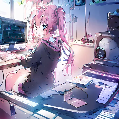 Anime girl sitting at desk with computer and keyboard, nightcore, anime style 4 k, best anime 4k konachan wallpaper, anime art w...