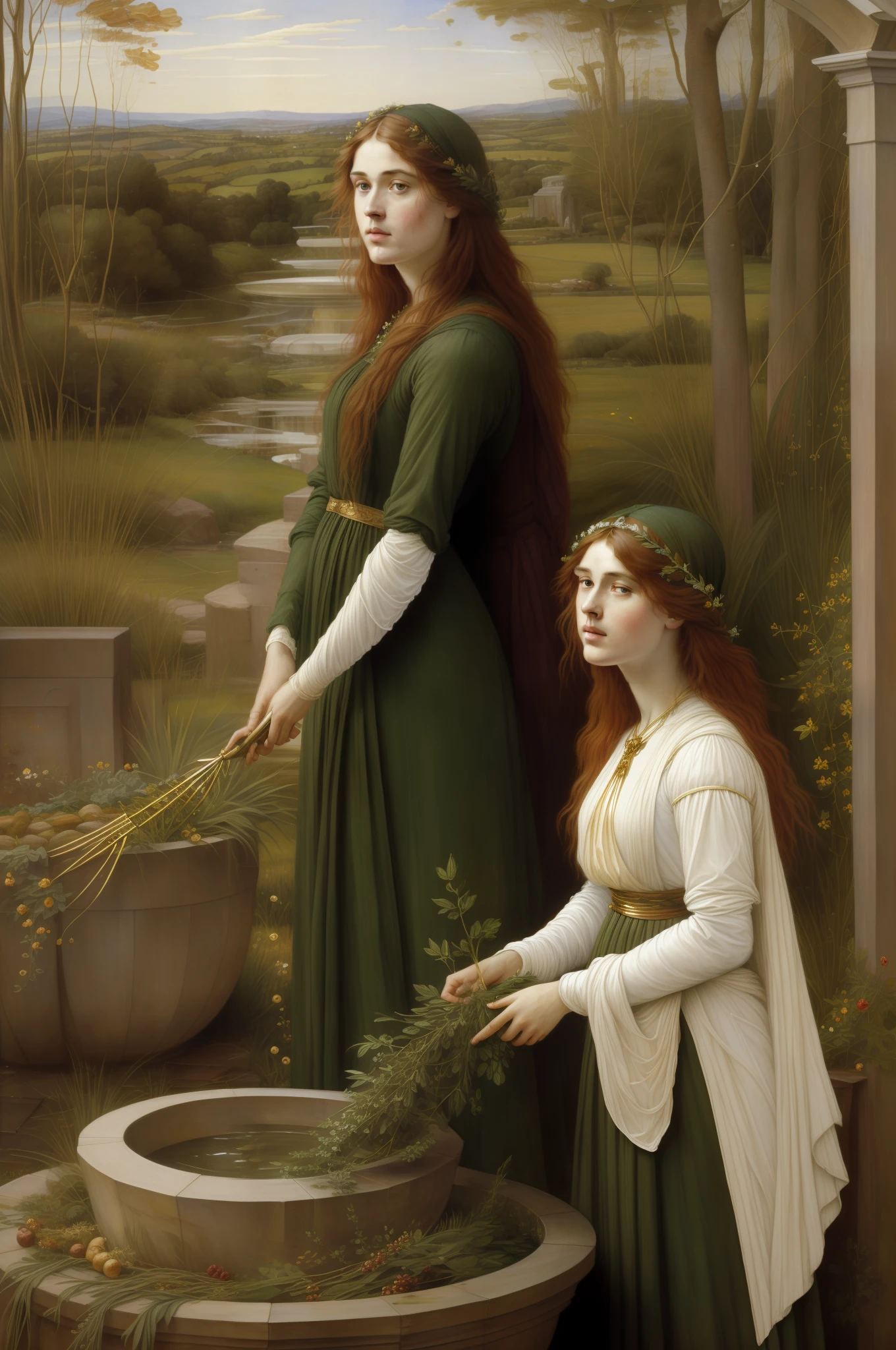 (((Pre Raphaelie Painting))) White-robed Celtic druid harvests herbs with golden sickle at the edge of a sacred fountain, samambaias