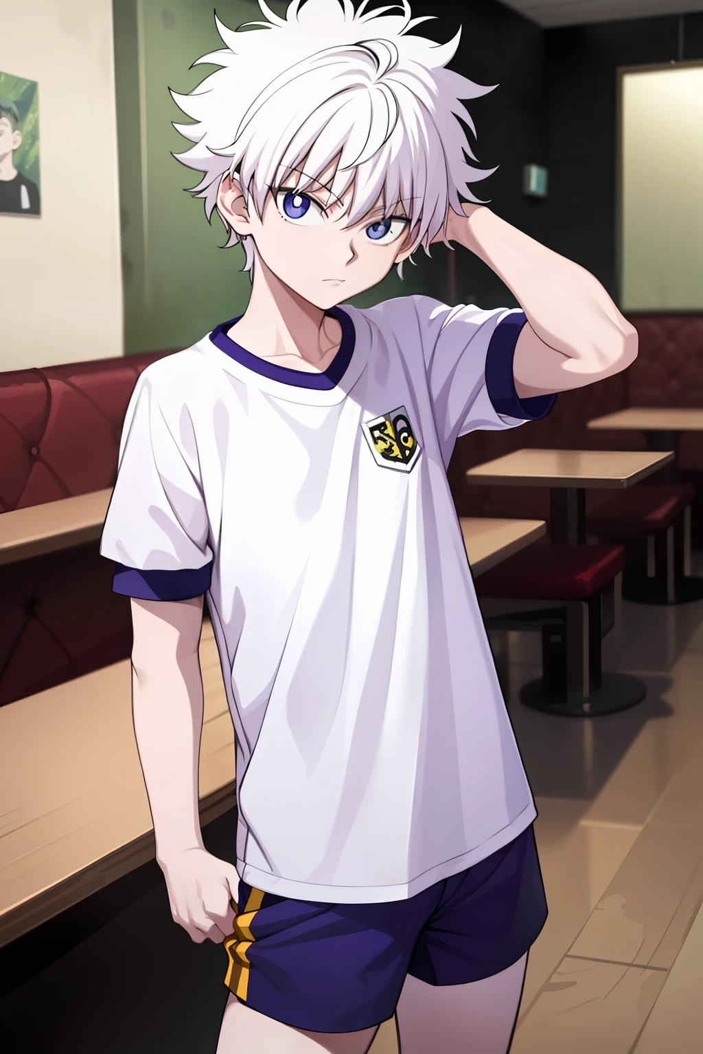 killua_zoldyck,
Quality: highres, top quality, stunning art, detailed
Character details: 1boy, male focus, solo, wide-eyed, constricted pupils
Clothing 3: white shirt, gym uniform, gym shirt, short sleeves, gym yellow shorts
Situation: 
Location: in cafe
