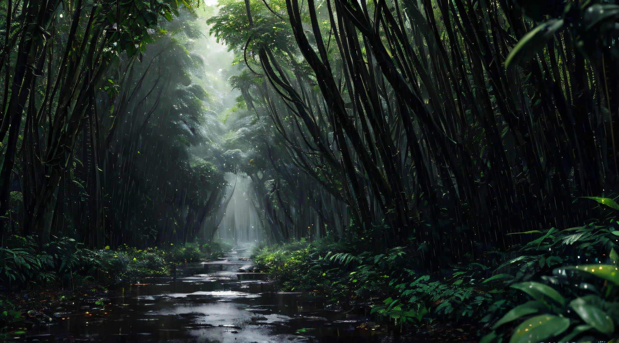 Une jungle, avec des précipitations intenses, Monochromatique, des vignes tout autour, arbres géants et humides, chef-d&#39;œuvre, Meilleure qualité, Haute qualité, extrêmement détaillé CG unity 8k wallpaper, peinture à l&#39;huile, photographie primée, bokeh, profondeur de champ, HDR, floraison, aberration chromatique ,Photoréaliste,extrêmement détaillé, tendance sur artstation, tendance sur CGSociety, complexe, Détails élevés, Spectaculaire, art à mi-parcours, éclairage volumétrique