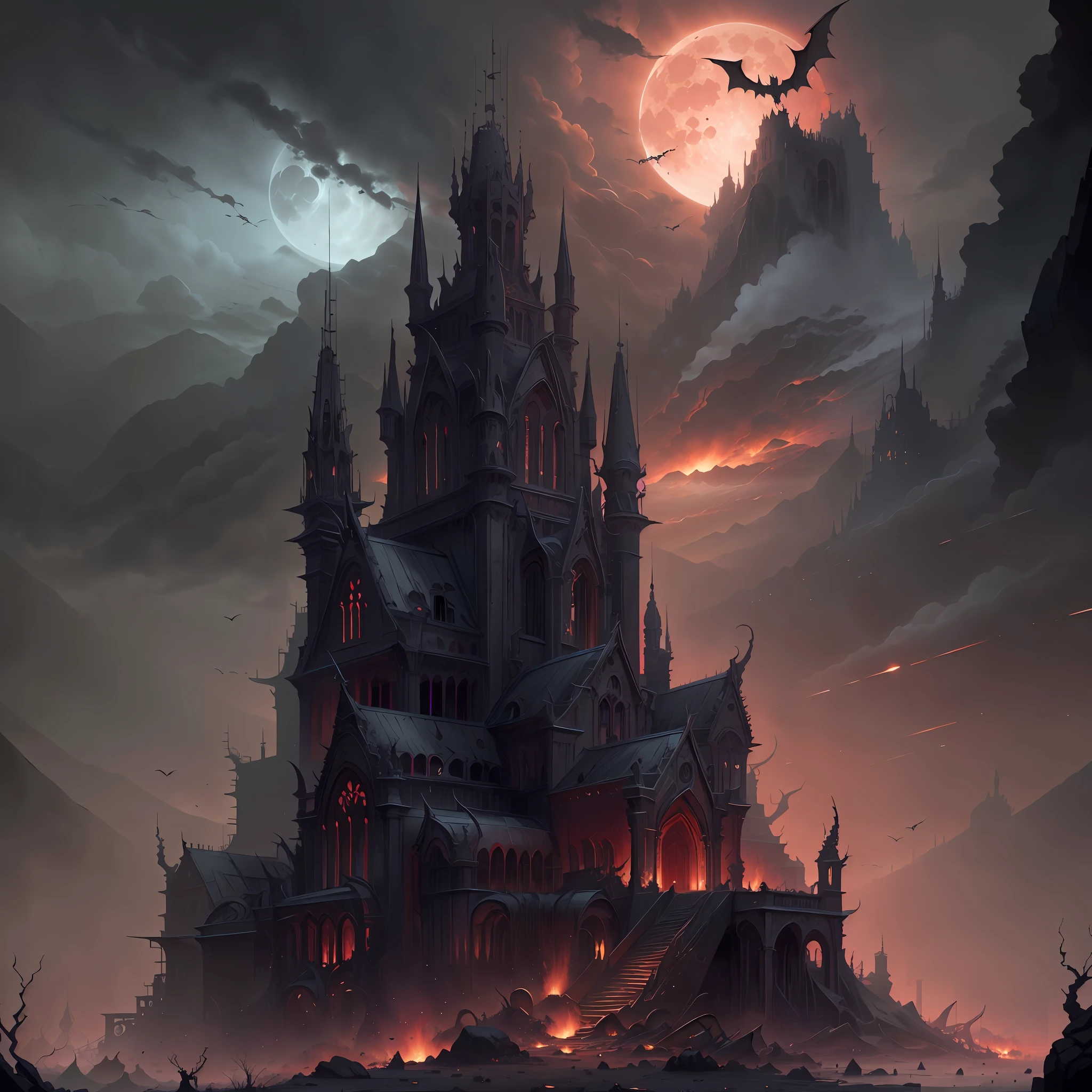 A creepy black castle，Fortress of fantasy，spireinaret，Masonry construction，Rust carved pattern，Iron railings，Broken appearance，Black clouds，Black sky，Black night，Big red moon，Big old tree，Surrounded by mountains，the woods，Flying bats，Gothpunk，gothicarchitecture，Arched windows，The windows are dimly red，Punk-style ruins，stereogram, Black tone lighting， cinematic lighting,  8k, super detail, ccurate, best quality