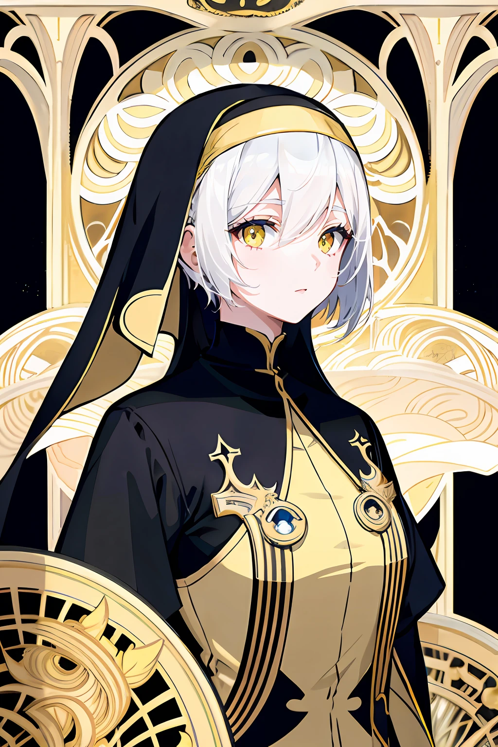 1girl, solo, white hair, short hair, undercut, yellow eyes, (gold embroidered clothes:1.0), (black nun veil:1.0), (black cassock:1.0),, (art nouveau:1.3), detailed gold pattern background,