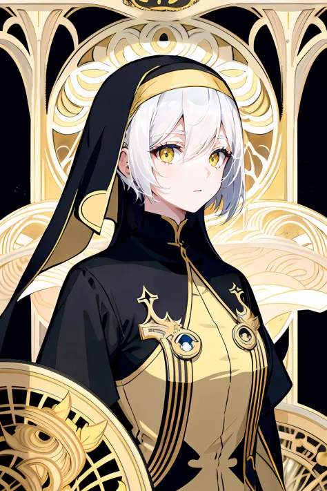 1girl, solo, white hair, short hair, undercut, yellow eyes, (gold embroidered clothes:1.0), (black nun veil:1.0), (black cassock...