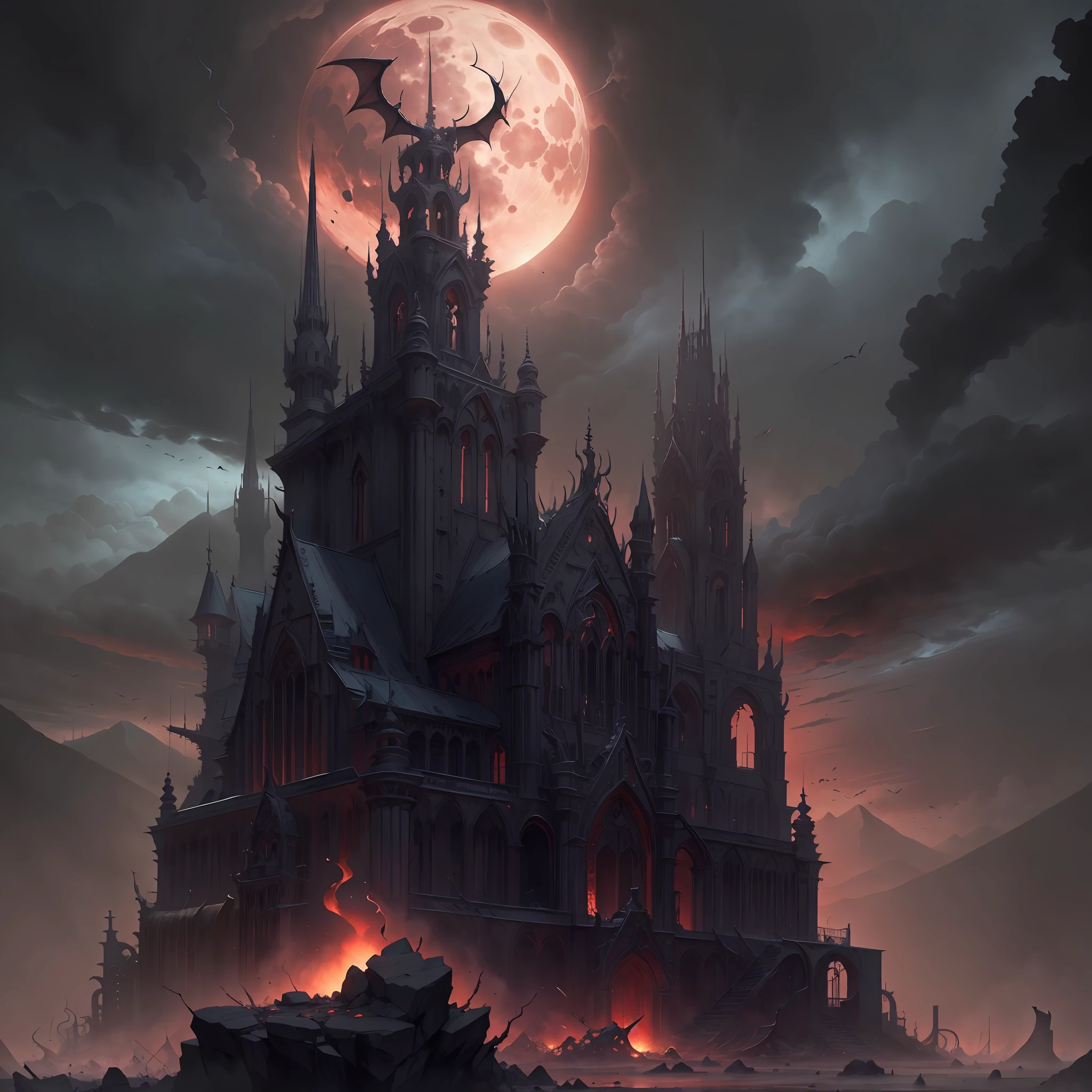 A creepy black castle，Fortress of fantasy，spires，minaret，Masonry construction，Rust carved pattern，Iron railings，Broken appearance，Black clouds，Black sky，Black night，Big red moon，Big old tree，Surrounded by mountains，the woods，Flying bats，Gothpunk，gothicarchitecture，Arched windows，The windows are dimly red，Punk-style ruins，stereogram, Black tone lighting， cinematic lighting,  8k, super detail, ccurate, best quality