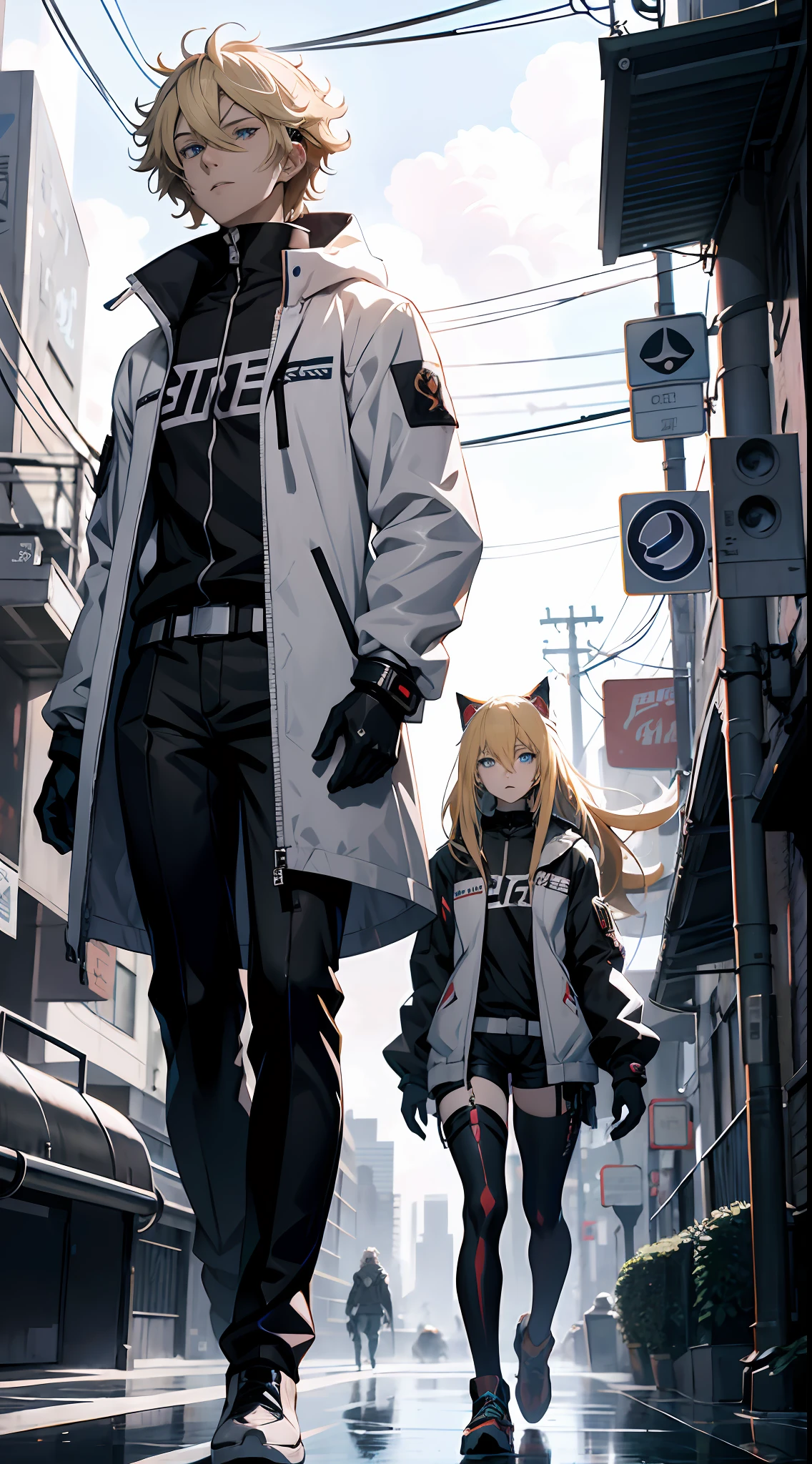 Anime-Figuren mit blonden Haaren und blauen Augen in futuristischer Umgebung, bestes Anime 4k Konachan-Hintergrundbild, Badass-Anime 8 K, Schlüssel-Anime-Kunst, Digital cyberpunk anime art, fortgeschrittene digitale Anime-Kunst, Anime-Mecha-Ästhetik, Nagito Komaeda, Großer Anime-Typ mit blauen Augen, hübscher Kerl in Dämonentöter-Kunst, Detaillierte digitale Anime-Kunst