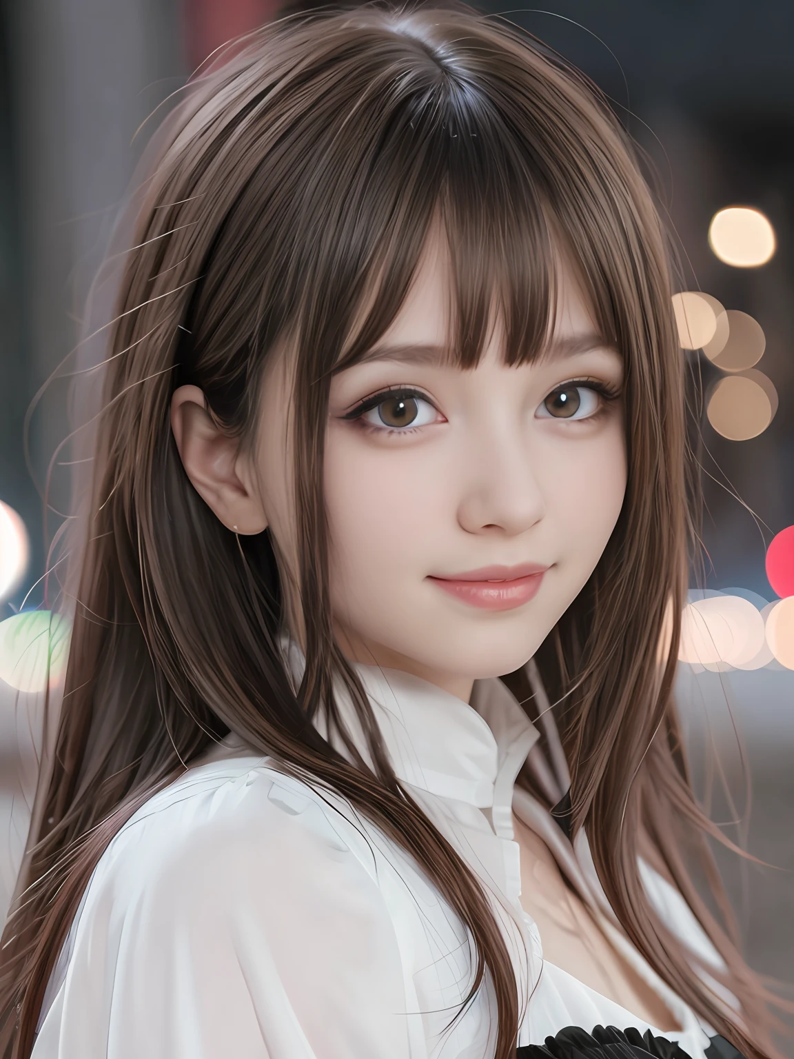 (8k raw photos, top quality, masterpiece, 8k-UHD), (realistic, photorealistic: 1.37), (anatomically accurate and realistic skin), ultra high resolution, depth of field, film lighting, film grain, very cute 16 year old girl, tips, colored contact lenses, long eyelashes, bags under the eyes, cute face, highly detailed eyes and hair, skin with beautiful details, happy smile, brown hair, thick bangs, shiny hair, curly, red eyes, urban, cityscape,