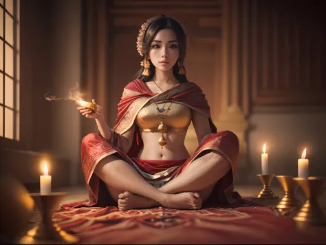 FOTO RAW, Intricate photo of a woman in very beautiful Tibetan clothes sitting on the floor in lotus position, don't show your f...