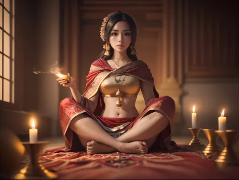 foto raw, intricate photo of a woman in very beautiful tibetan clothes sitting on the floor in lotus position, don't show your f...