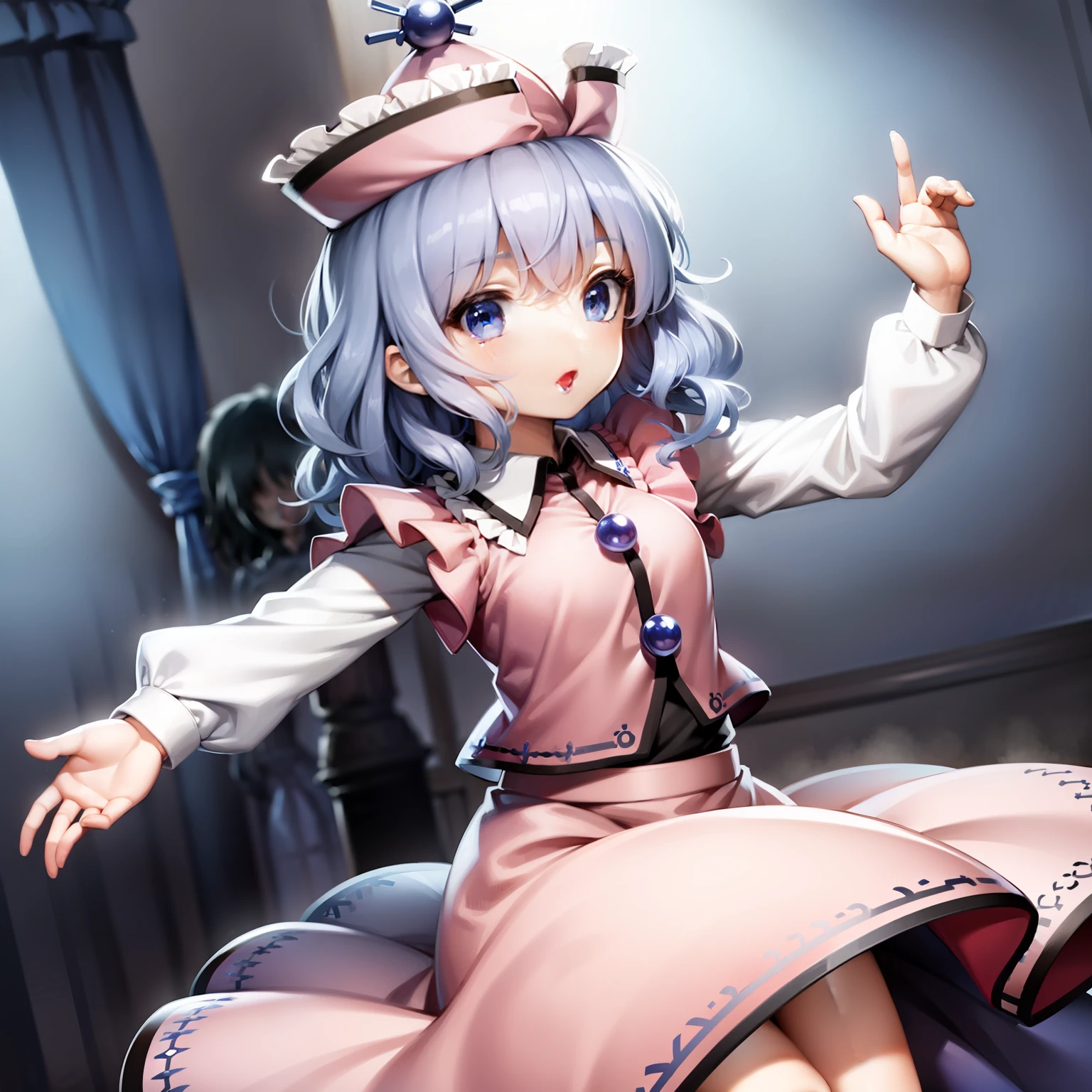 (masterpiece), best quality, perfect face, expressive eyes, merlin prismriver,1girl,hat,blue eyes,blue hair, short hair, long sleeves, skirt,