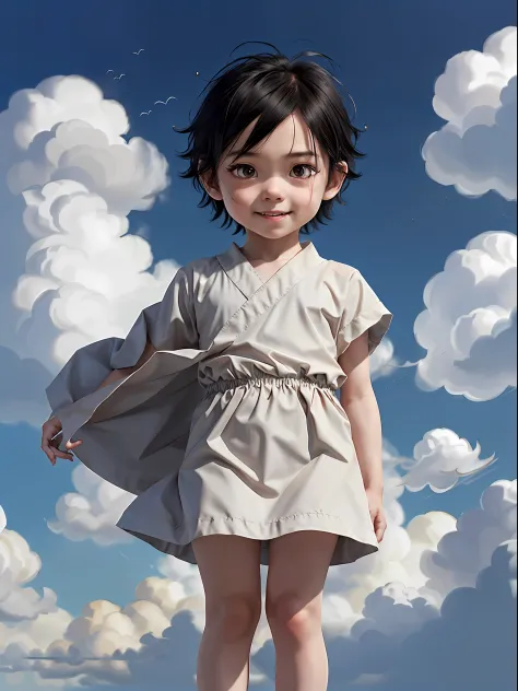 (1boy), solo, 3yo_boy, hair(black, messy, long-hair), photo(close-up), little-smile, wearing(long-toga), (FULL BODY, CHIBI), background(heaven, cloud), (blurry_background:1.5), (photorealistic, absurdres, best_quality:1.5),