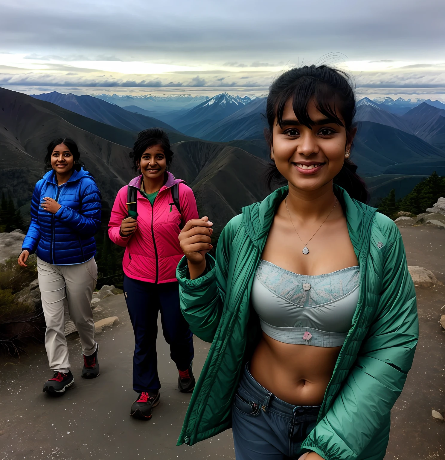 Indian woman hiker at the mountaintop, cold weather clothes, jacket opened to show strapless bra, plumpy, no abs, updo, standing, in a group of people