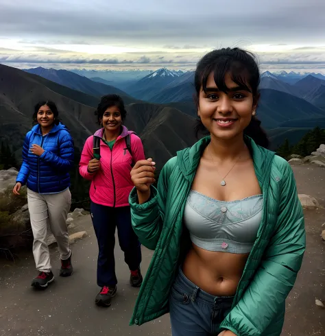 Indian woman hiker at the mountaintop, cold weather clothes, jacket opened to show strapless bra, plumpy, no abs, updo, standing...