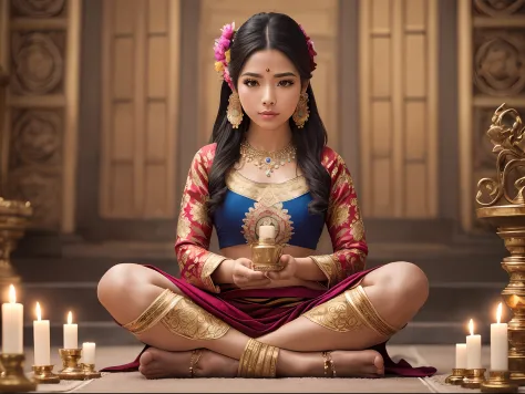 foto raw, intricate photo of a woman in very beautiful tibetan clothes sitting on the floor in lotus position, don't show your f...