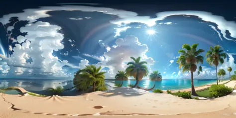an equirectangular panorama 360, (extremely detailed 8k CG unit wallpaper), sky with clouds and radiance of the sun, real amazing clouds, palm tree,hyper-detailed Unreal Engine 4k 8k ultra HD, High Detail, Sharp focus