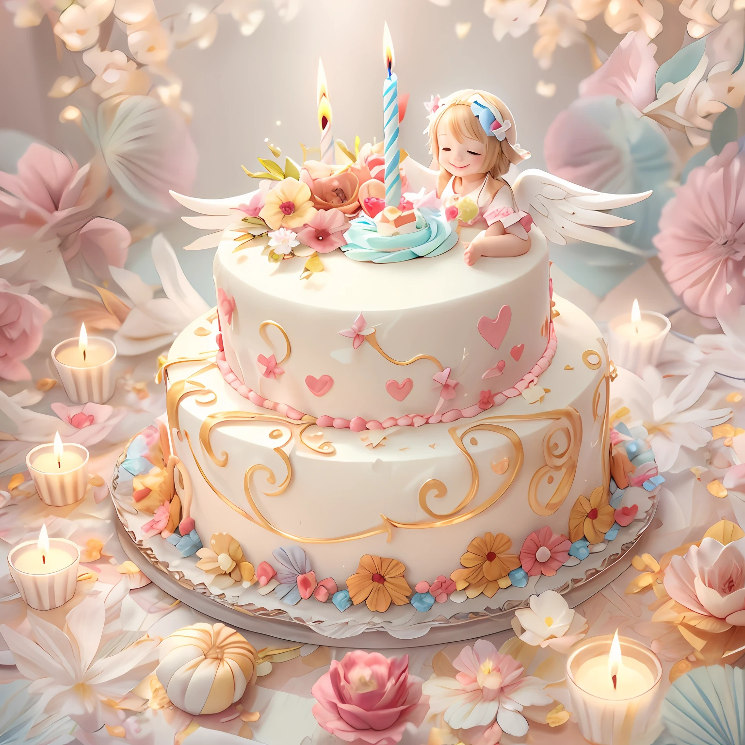 Bênçãos dos Anjos､fundo brilhante、marca de coração、Feliz aniversário、ternura､Um sorriso、um bolo