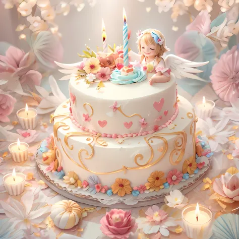 Blessings of Angels､Bright background、heart mark、happy birthday、tenderness､A smile、a cake