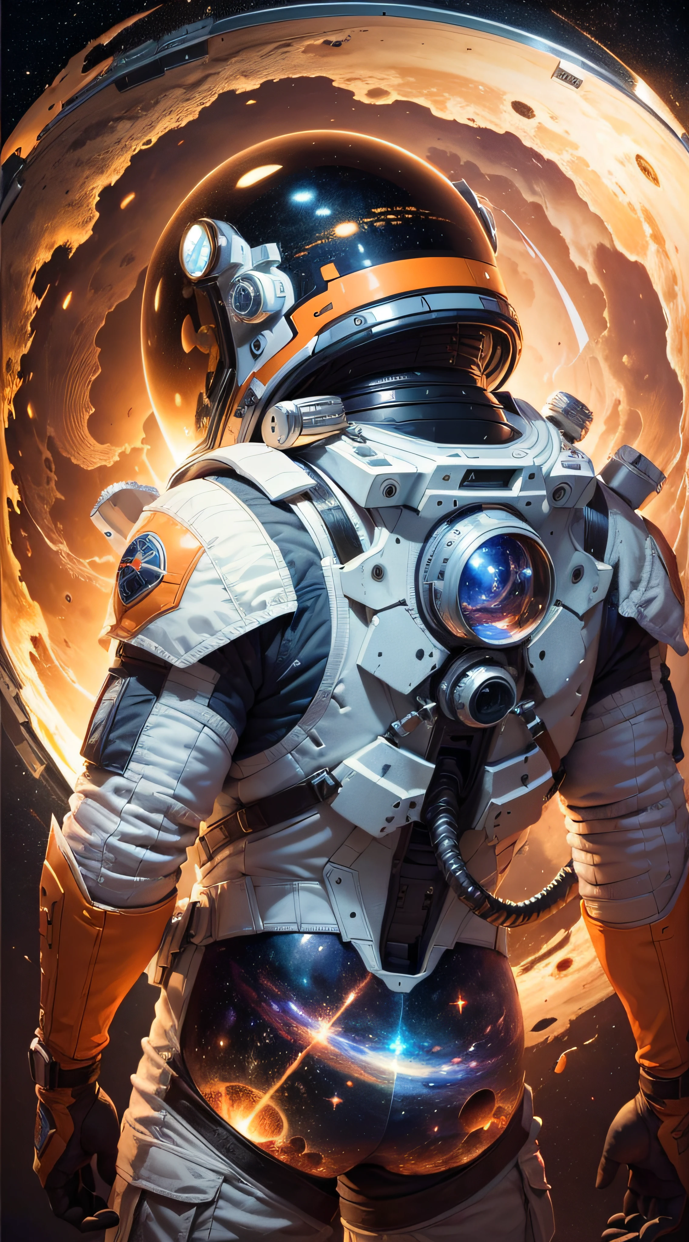 ((Masterpiece)), (Best Quality)), 8K, high detail, hyper-detail, the painting depicts a scene of breathtaking magnificent spatial images. The picture shows a man wearing a spacesuit, facing back, looking at a orange glowing planet in space. The scenes are extremely detailed and the clarity is extraordinary, capturing every intricate detail of the panorama.