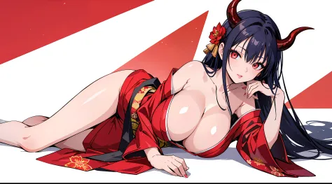 anime girl with horns and red glowing eyes, seductive look, oppai, red kimono with flower pattern, large breasts, succubus, anime moe artstyle, white background, only character, red long hair
woman, EdobSuccubus, EdobSuccubusRed,
full body shot, lying on i...