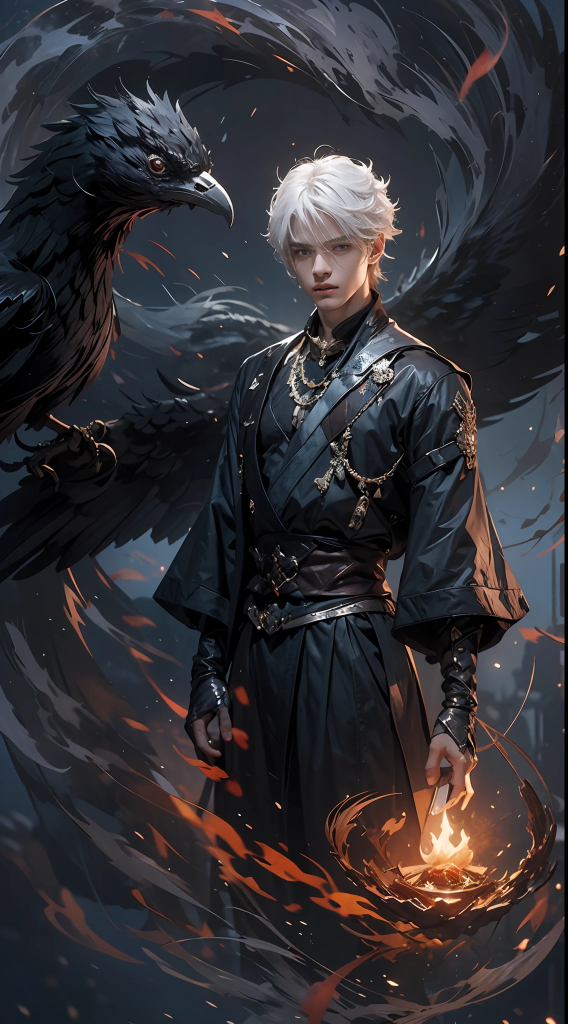A high resolution，high detal，8K，（A boy:1.9），Handsome face，Black gauze covers the eyes，Swaying in the wind，Silvery-white short and medium hair standing on end，A gifted spell master，Black and white spell master set，Place two fingers on your chest with one hand，Sealing spells，Blue flame effect in the sealed position，A black, The red-eyed raven leaned on the boy's shoulder，The is very detailed，Ultra-high sharpness，Thick coating，