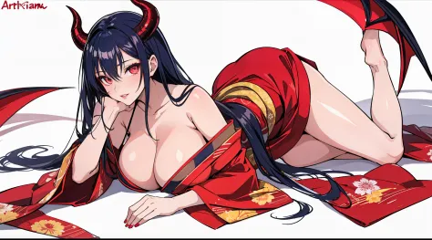 anime girl with horns and red glowing eyes, seductive look, oppai, red kimono with flower pattern, large breasts, succubus, anime moe artstyle, white background, only character, red long hair woman, EdobSuccubus, EdobSuccubusRed, full body shot, lying on i...
