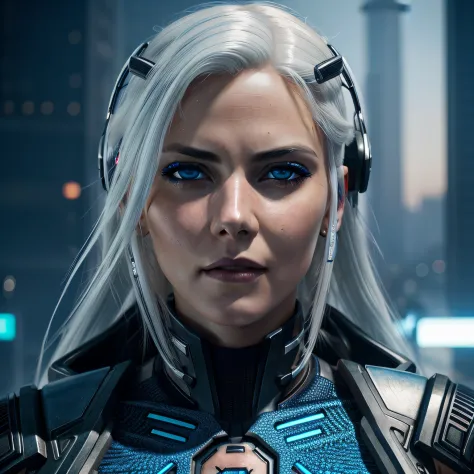 a beautiful woman in cyberpunk style, with blue eyes and white hair in a futuristic, hyper realistic, intricate, hyper detailed,...