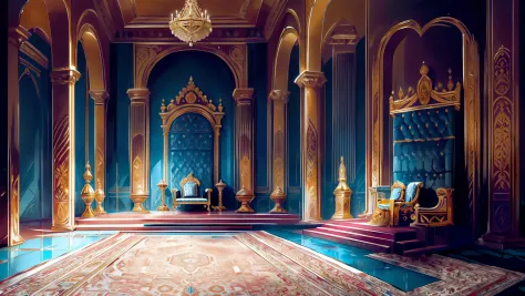 criar um a rainha sentada no trono  de corpo inteiro , next to the king seated on throne a white palace, blue and gold;