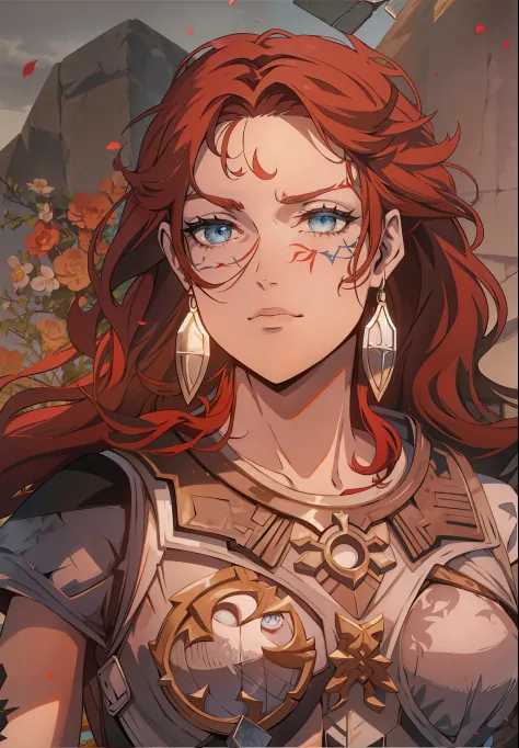Boadicea, red-haired Viking warrior with Nordic armor and rune tattoos on her body and blooming blue eyes holding an axe, 4k
