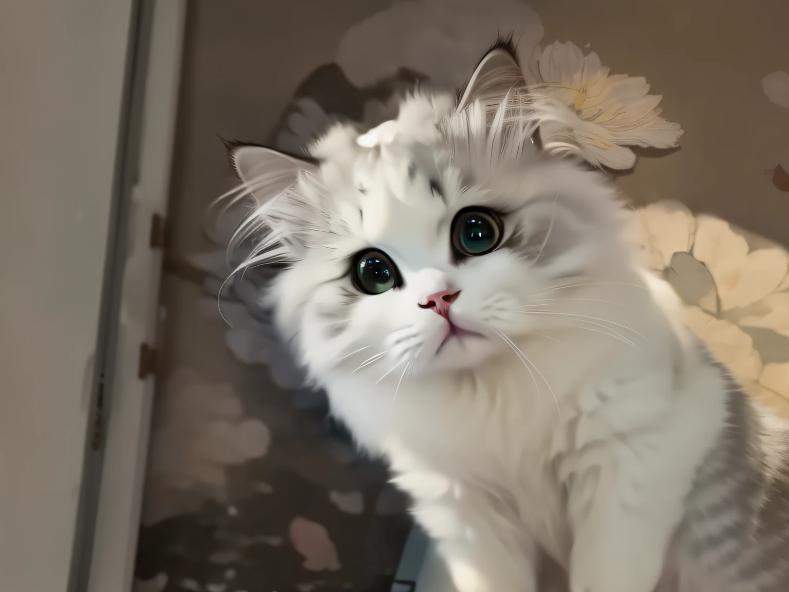 There is a blue-eyed puppet cat sitting in front of the window,, A cute cat, beautiful cat, The cat is fluffy, Cute cat,