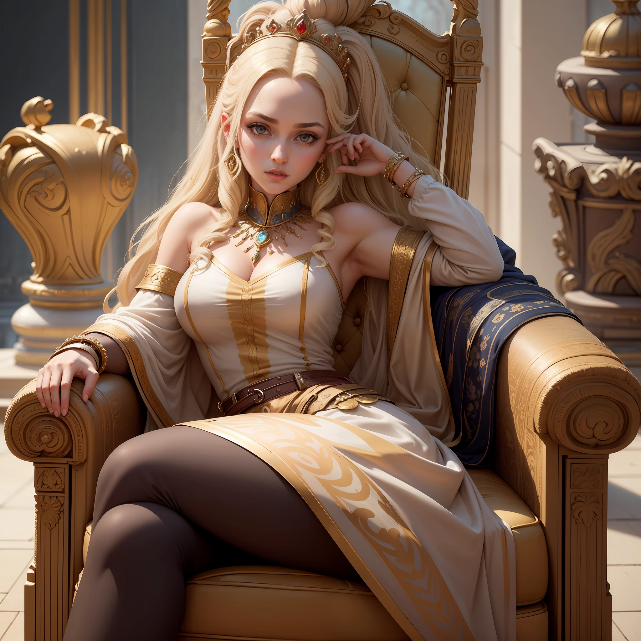 In a majestic palace with Greek columns and gilded adornments, A blonde woman is sitting on an imposing throne. Your hair is elegantly stuck, e ela veste shorts jeans combinados com uma camisa preta, trazendo um toque de modernidade ao ambiente luxuoso.

A mulher olha ao redor, Appreciating the grandeur of the palace. She looks comfortable and confident on her throne, uma figura de autoridade. Around you, o brilho do ouro reflete o poder e a riqueza do lugar.

Enquanto sentada ali, She reflects on her responsibilities as ruler of this magnificent kingdom, a position she won with wisdom and determination. Her serious and determined look shows that she is ready to face any challenge that lies ahead.

The subjects of the kingdom admire and respect her, Knowing that she is a fair and dedicated leader. A cena retrata uma mulher forte e corajosa, whose presence fills the palace with an aura of power and elegance.