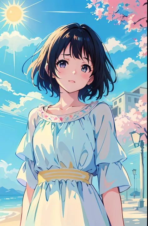 (highres, best quality:1.2), 1girl, radiance, soft contours, beautiful drawing, upper body, concept art, eyelashes, kyoani hyouka style, may, sun, spring, blue sky, detailed background, light blush, bright colors