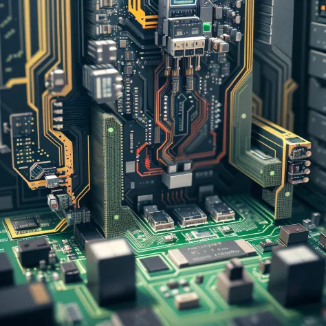 Big data, circuit boards, wiring, technology, chips, artificial intelligence, electronic, 8k, ultra realistic, render