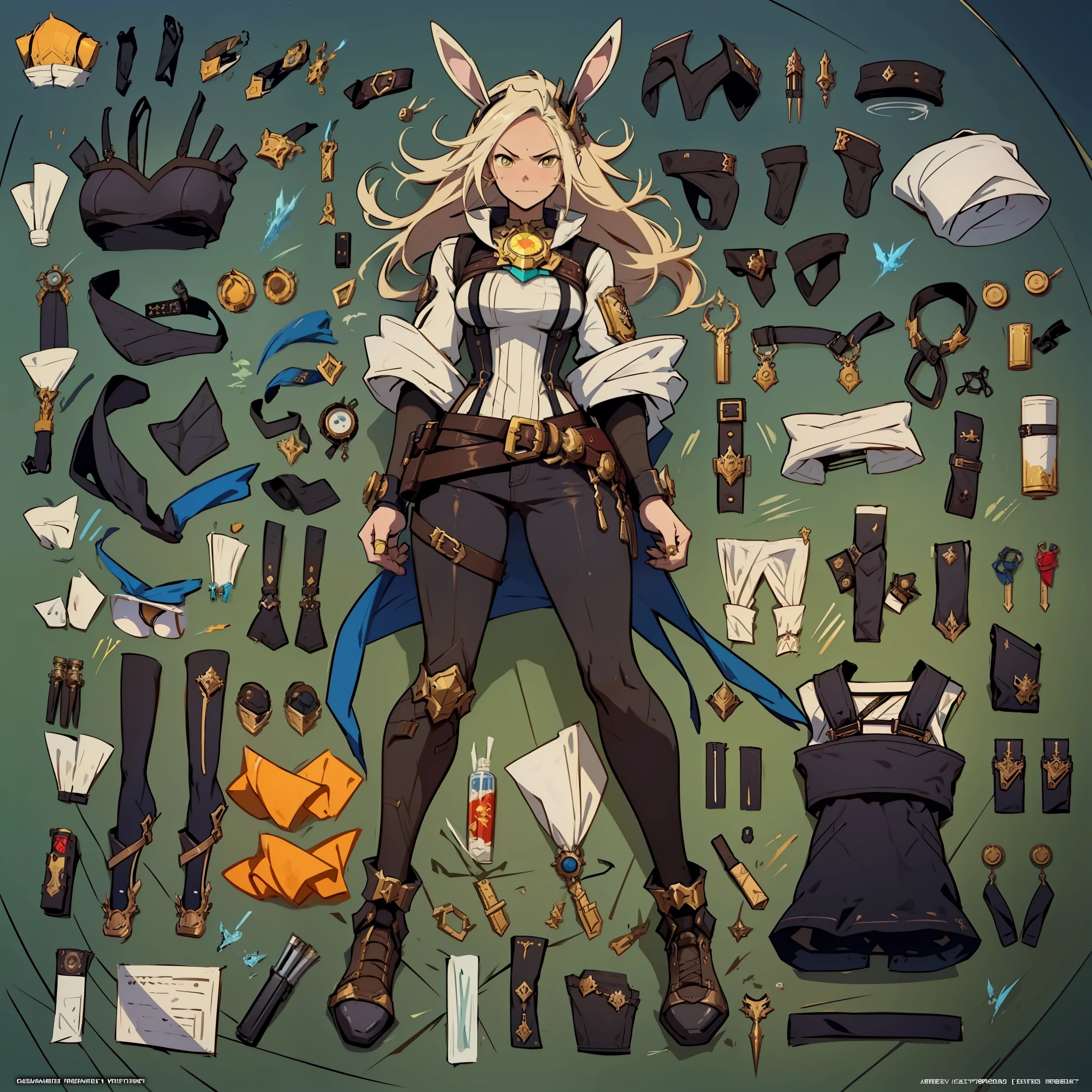 Close-up of a man in a gun costume, ((character concept art)), tall figure, ((character design sheet, same character, front, side, back)), maple story character art, video game character design, video game character design, maple story gun girl, girl wearing cute cartoon bunny hairpin on her head, yellow glowing decoration on girl's clothes, expert high detail concept art, metal bullet concept art, funny character design, Lucio as a woman, gravity rush inspiration, Viscous tar. Concept art, belt buckle at waist, steampunk weapon,