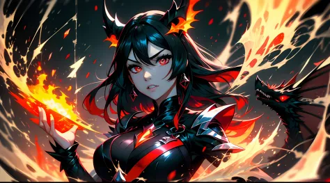 A girl and a black dragon with red eyes surrounded by fire