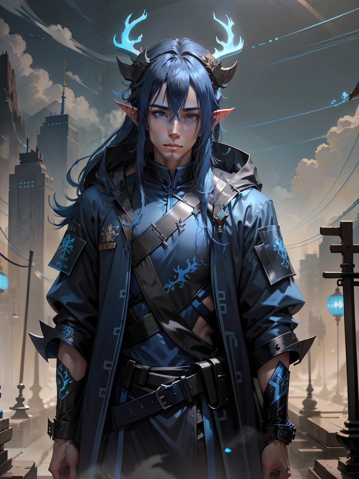 pelo largo azul, male, cuernos de ciervo de china en la cabeza, ropa tecnica azul, de pie, elfo de pelo azul, china dragon