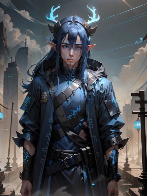 Blue long hair, male, china deer horns on head, blue techwear, standing, blue hair elf, china dragon