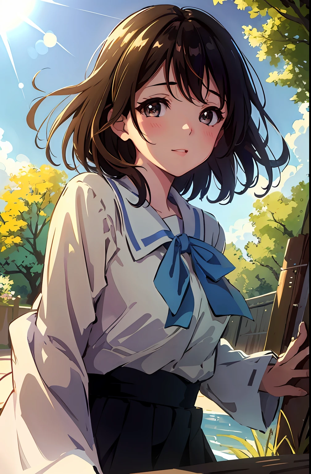 (highres, best quality:1.2), 1girl, radiance, soft contours, beautiful drawing, upper body, concept art, eyelashes, kyoani hyouka style, may, sun, spring, blue sky, detailed background, light blush, bright colors