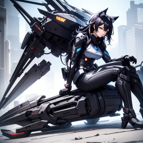 A wolf-type mech on the hunt，The hair is bright and realistic，Black all over，Recumbent position