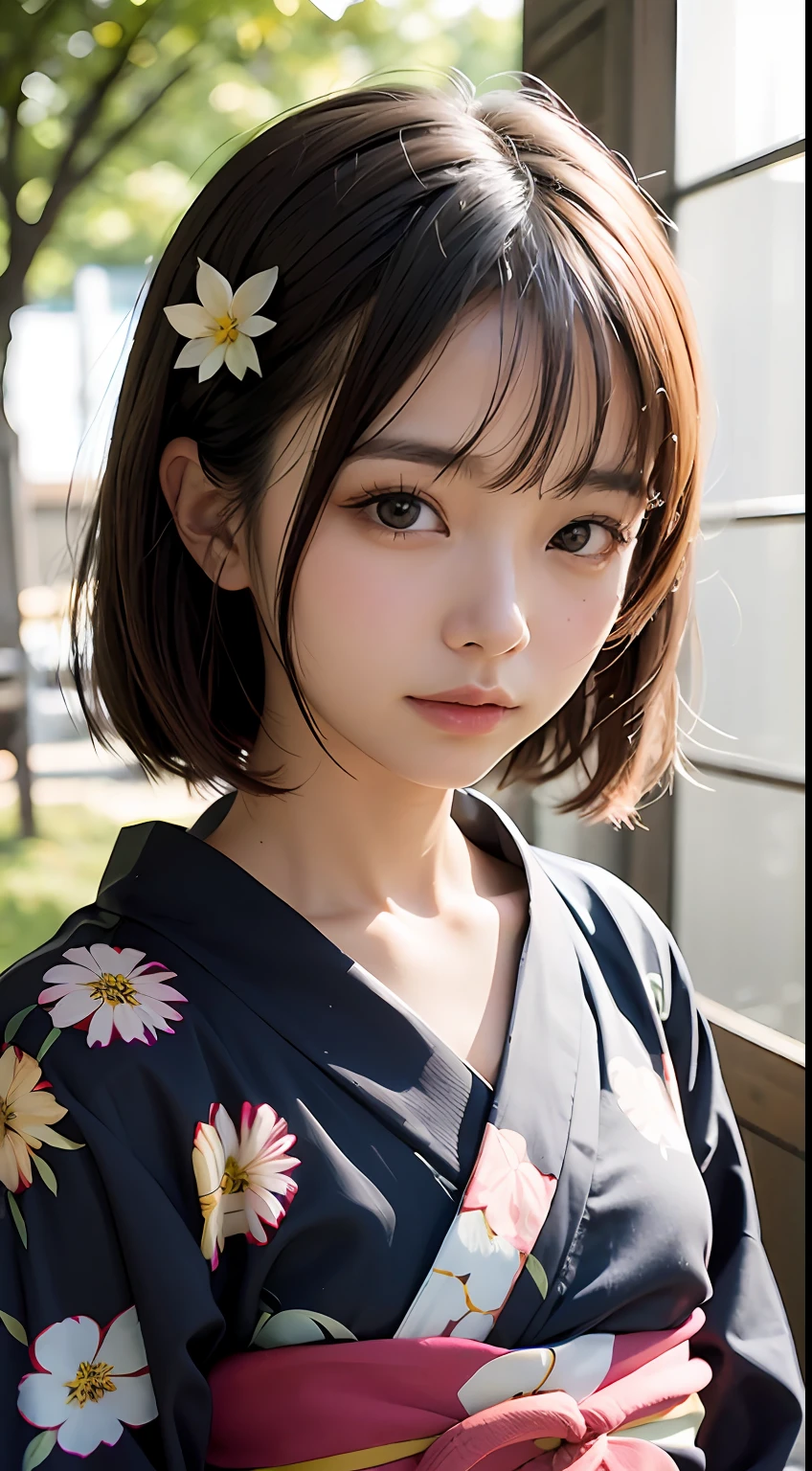 (masutepiece, Best Quality:1.4), Beautiful face, 8K, 85 mm, absurderes, (floral pattern yukata:1.4), close up of face, violaceaess, gardeniass, Delicate girl, Solo, Night, Looking at Viewer, Upper body, Film grain, chromatic abberation, Sharp Focus, face lights, Professional Lighting, Sophisticated, (Smile:0.4), (Simple background, Bokeh background:1.2), Detail Face