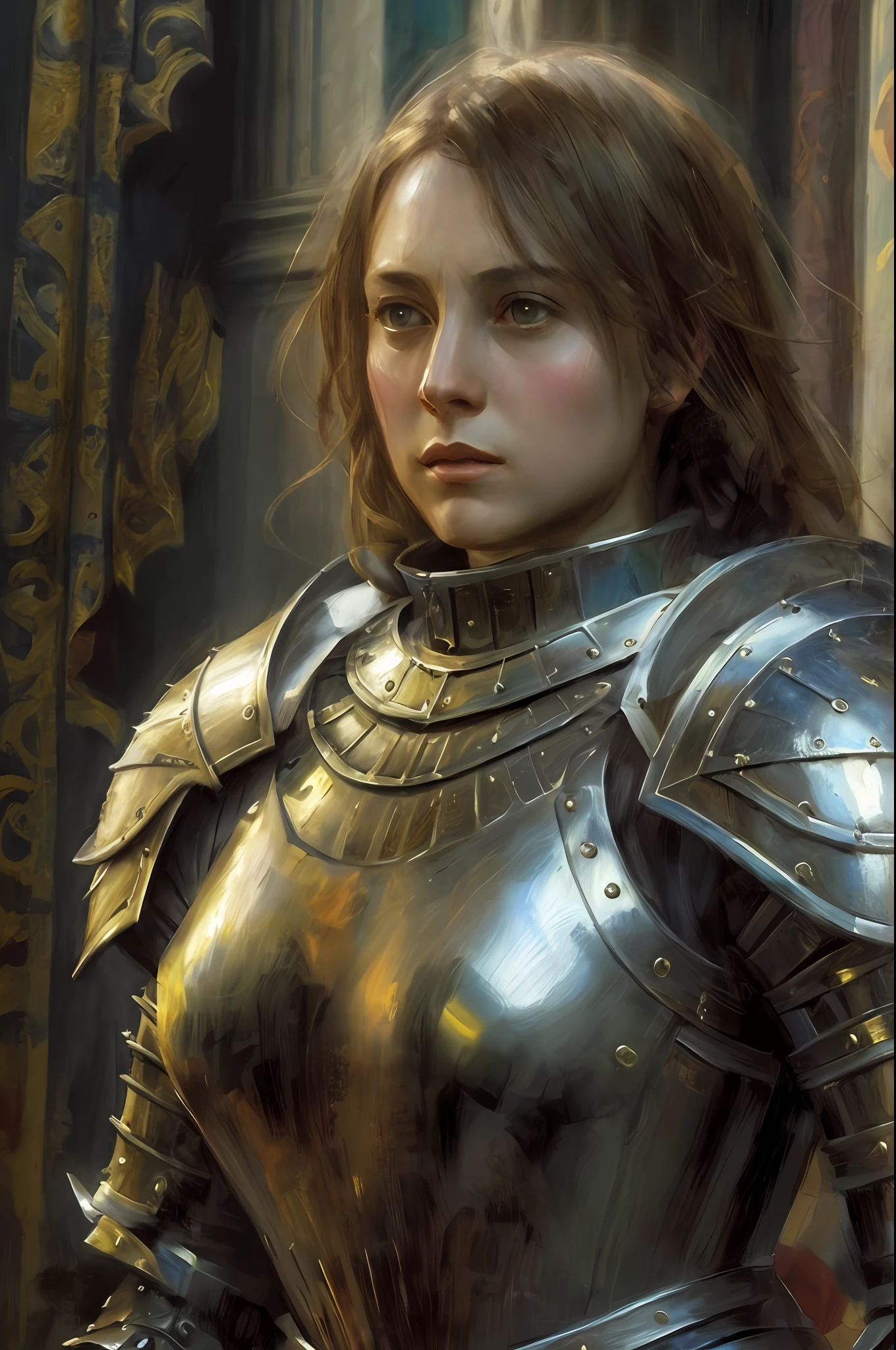 (Realisten: 1.3), Jeanne d&#39;Arc, Komplizierte Details, Oberkörperporträt \(Kunstwerk\), ((Meisterstück,beste-Qualit)), ((filmischesLicht)), [eine hübsche Frau|Büffel|Eine verführerische Göttin],Dynamik, A hyper-Realistenc , Eindrucksvoll, dunkle Fantasie \(Art von\), detaillierte Rüstung