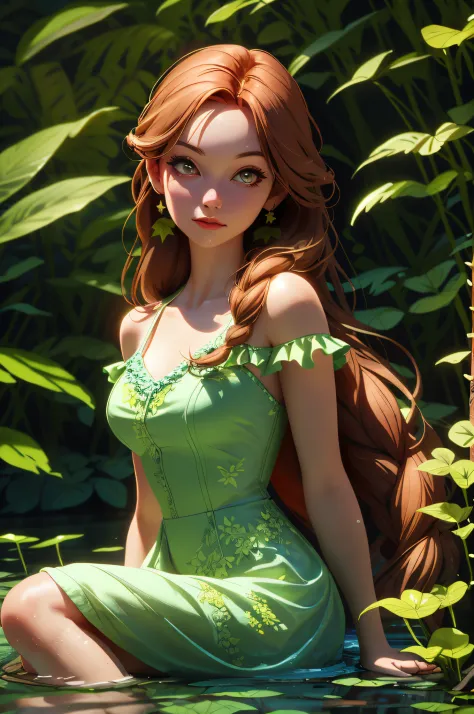 poison ivy, siting on water, the two brown braids, wearing princes dress, water fall background, forest back ground, live plants in back ground,8k, high detailed body, high detailed face, realistic , random, legendary , sun shadow, movie lightning, 8k, RAW...