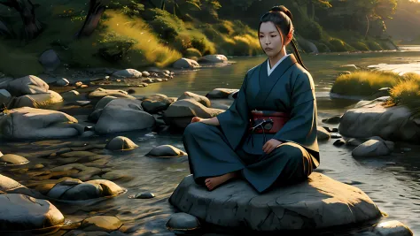 beautiful samurai, meditating sitting, on the edge of a river full of stones, at sunset, ultra realistic photo, perfect face det...