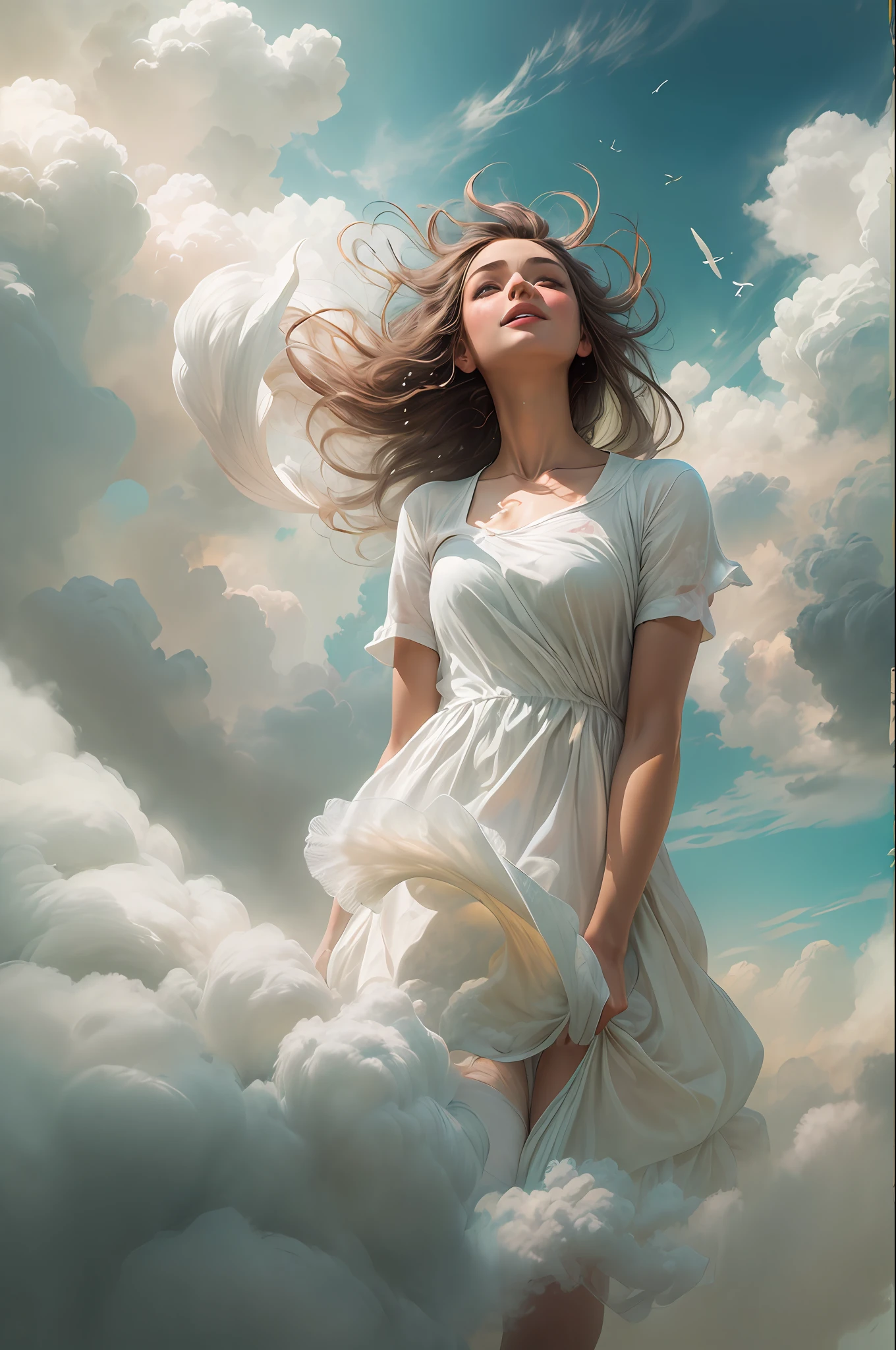 (level difference:1.8),(Paint colliding and splashing on the canvas),(depth of field), "An absolute masterpiece with the highest quality, this prompt depicts a stunning movie still featuring a captivating 1girl. She is gracefully floating in the sky, embodying the essence of a cloud girl. The scene is filled with fluffy clouds, and the focus is on a close-up shot, emphasizing the girl's enchanting beauty. The atmosphere is bright, exuding a sense of happiness and fun. The soft lighting enhances the overall allure. Adding a touch of artistic flair, let's incorporate elements of Bauhaus, with intriguing shapes, lines, and abstract motifs."