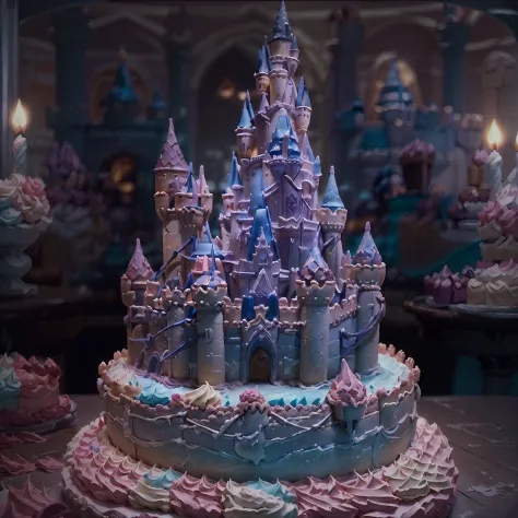 A (beautiful birthday cake( with a (Disney Dark castle on the top). intricate details, uhd GelatoStyle