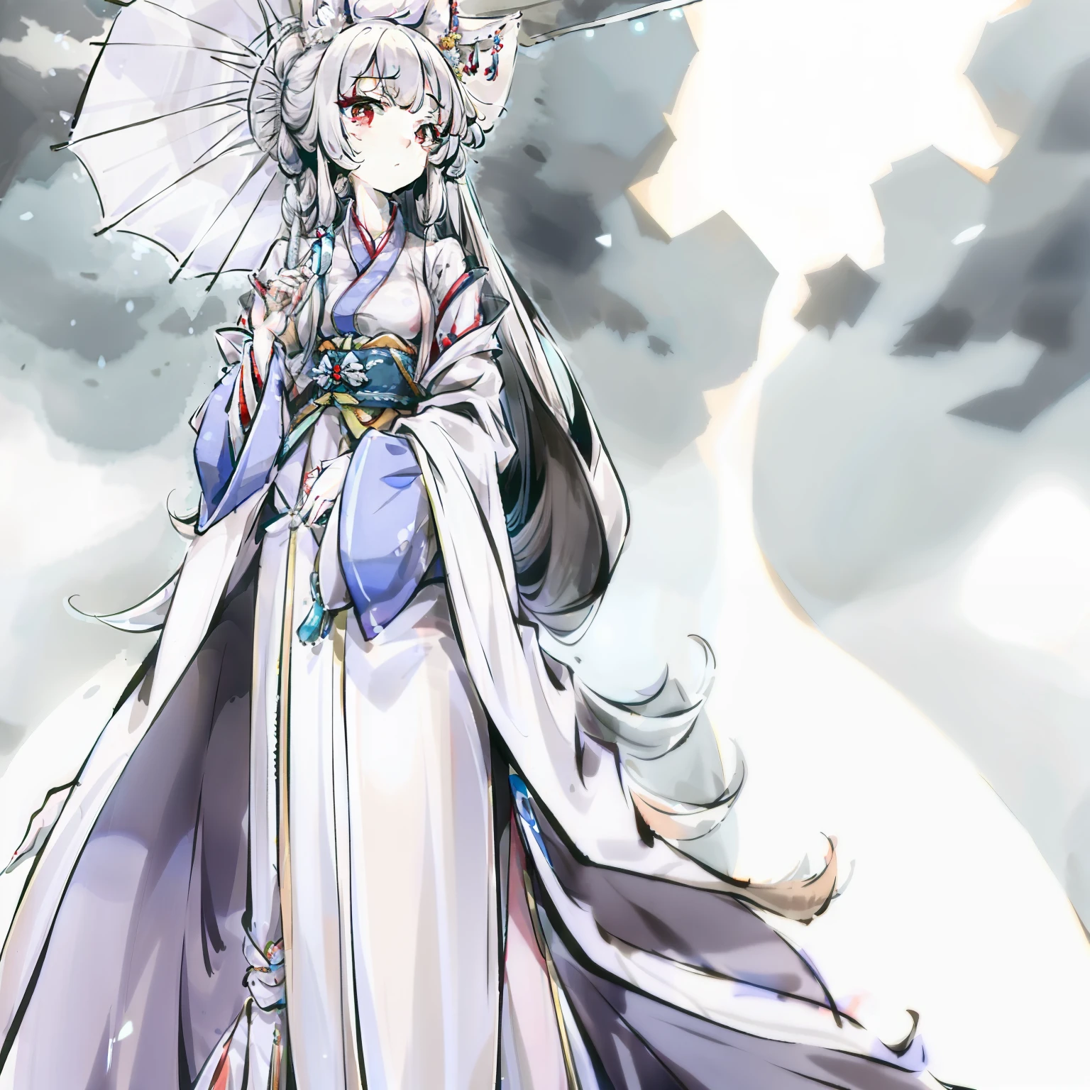 Fox ears，Foxtail，Hanfu，white color hair，Royal sister，With an umbrella，and it was raining lightly，