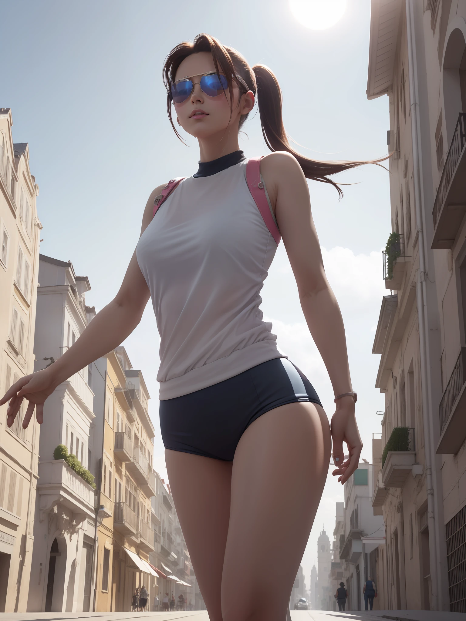 (master part), best quality. Beautiful woman with an athletic body, lycra clothes, long blonde hair tied, (((sun glasses))), chic, stunning, Walking down an asphalt street, city in background, blue skies. Sunnyday, naturallight.cinemactic, global ilumination, incredibily detailed, digital illustation, cellular shadow, vray tracking, ultra realistic, dslr, 8k