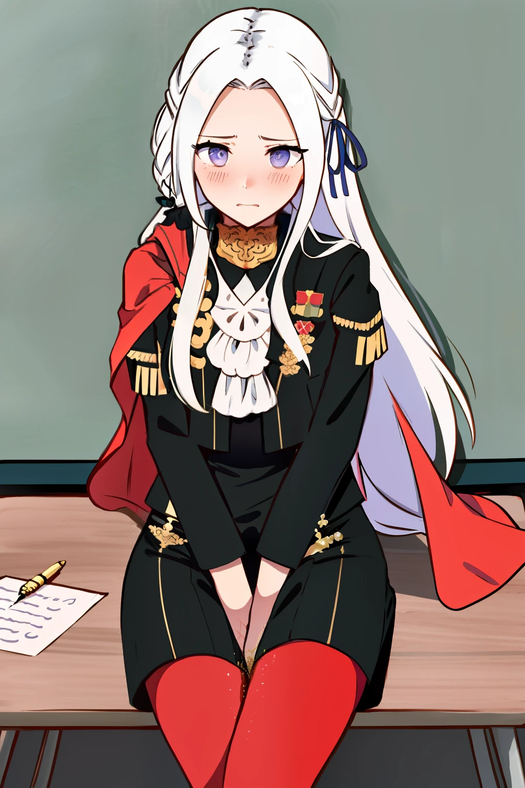 masterpiece, best quality, edelgard_academy, hair ribbon, black jacket, black dress, ascot, red cape, red pantyhose, white gloves, indoors, sitting on wooden bench, classroom, holding pen, shy, embarrassed, aroused, shocked, panicking, worried, peeing self, have to pee, humiliated, flustered, desk with papers