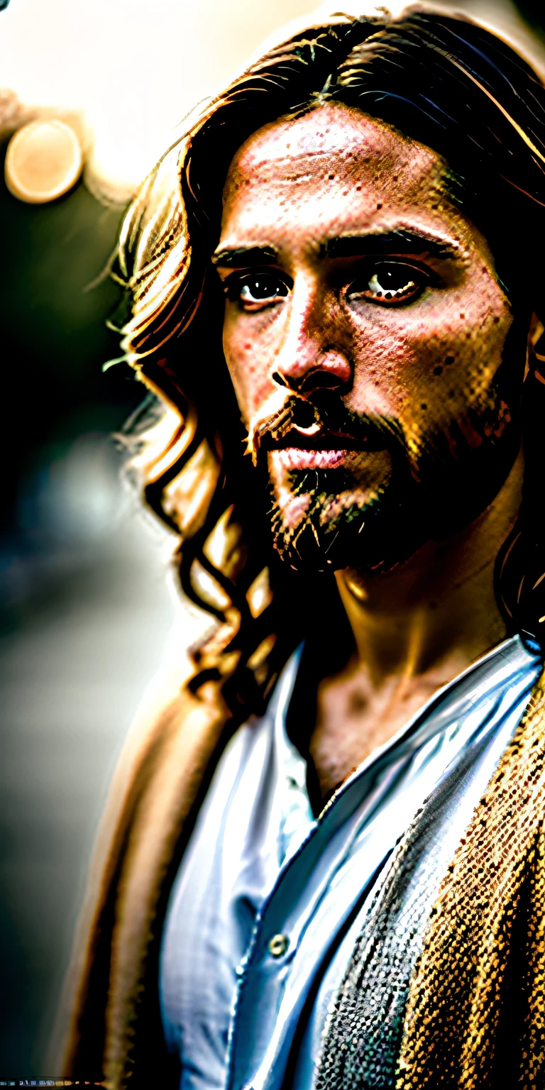 portrait of modern day Jesus, cinematic lighting, depth of field, bokeh, realism, photorealistic, hyperrealism, professional photography, uhd, dslr, hdr