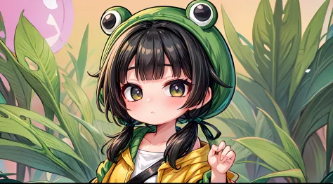 1girl, cute, green, black eyes, black hair, low pigtails and hime bangs, wearing a pastel colored frog hat and a oversized jacke...