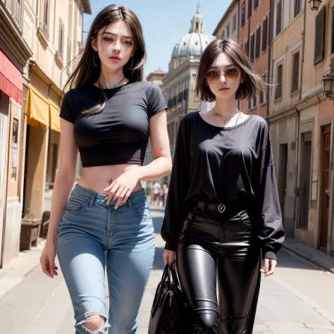 (a beautiful Italian 22woman:1.3, with a black t-shirt full length, and red high heeled shoes, torn skinny jeans, perfect legs, perfect body, with a beautiful black hair, sunglasses, perfect skin, closeup),(strolling through the streets of Rome in Italy:1....